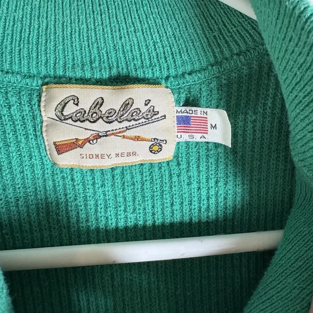 Vintage Cabelas SweaterMens Medium Green USA Made Ribbed Knit 1/4 Button READ